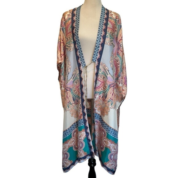 Chicos silk multi colored tie front kimono large/extra large. - Picture 1 of 14